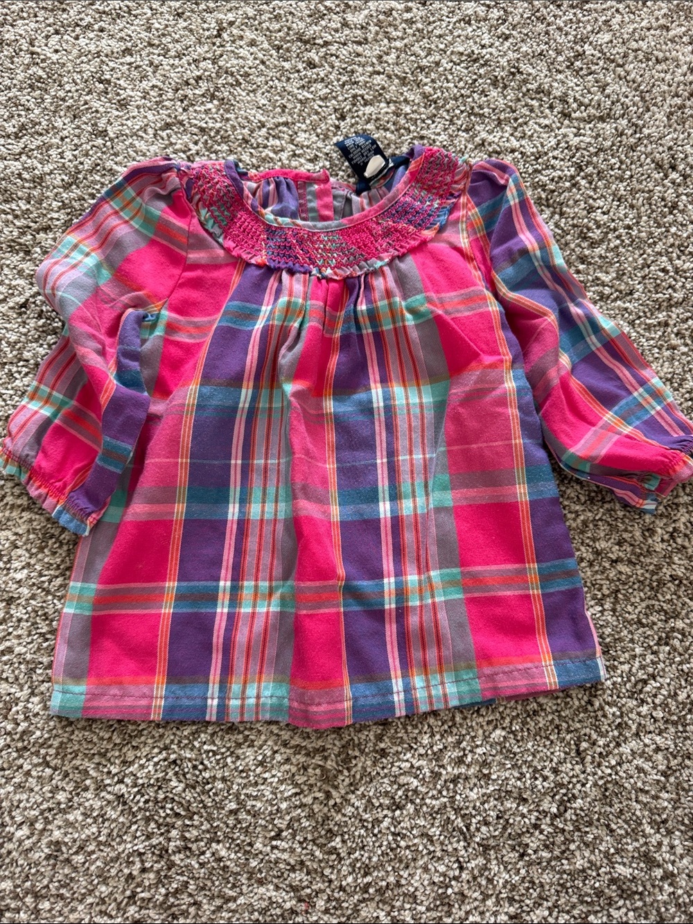 Chaps Pink & Purple Plaid Smocked Neck Blouse